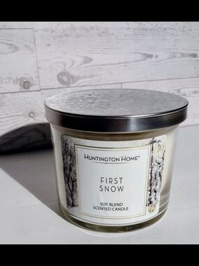 Huntington Home "First Snow" 3-wick candle is a 14oz soy blend scented candle
